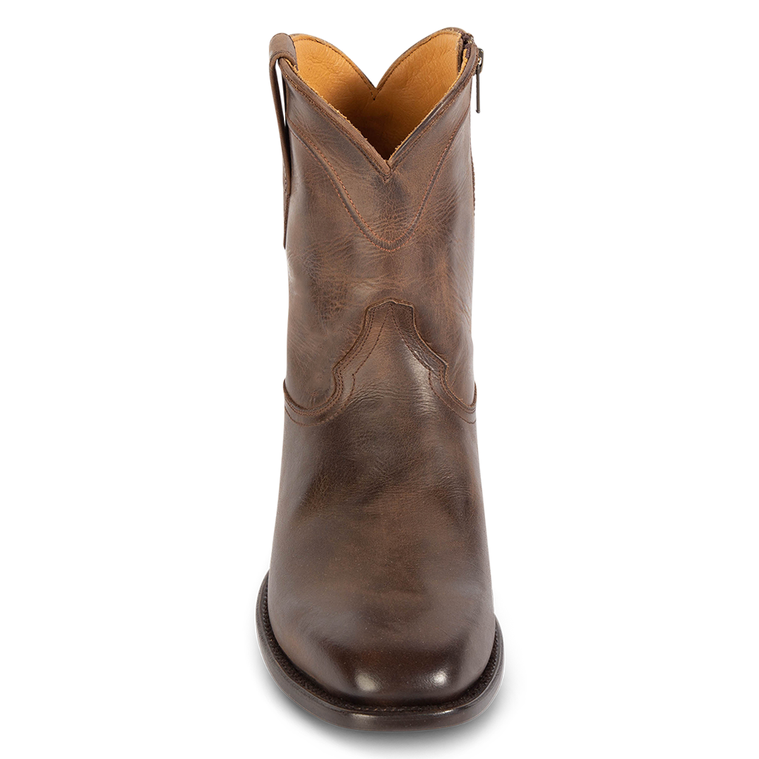 Front view showing scalloped dip leather detailing on FREEBIRD men's Tifton brown low heeled mid calf boot
