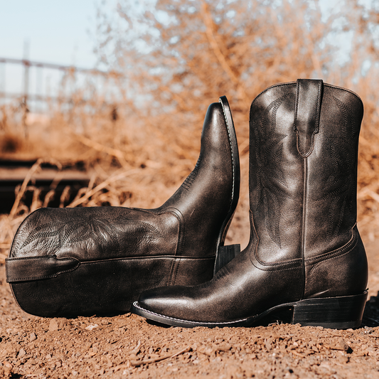 FREEBIRD men's Union black leather boot with leather pull straps, traditional stitching and square toe construction