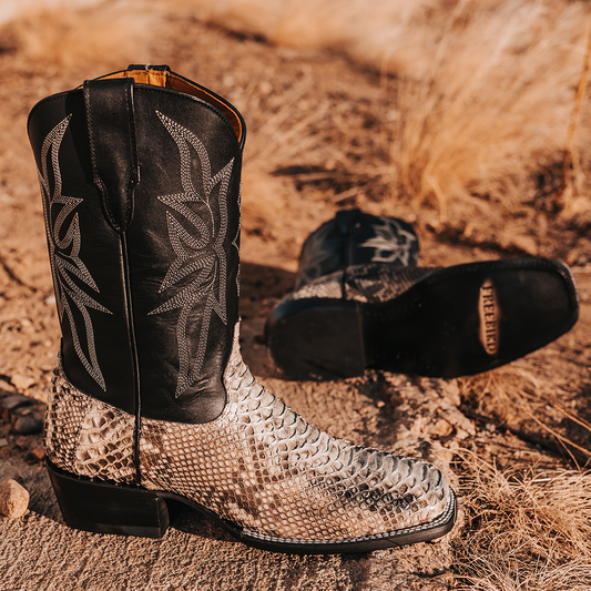 FREEBIRD men's Union black/white python leather boot with leather pull straps, traditional stitching and square toe construction