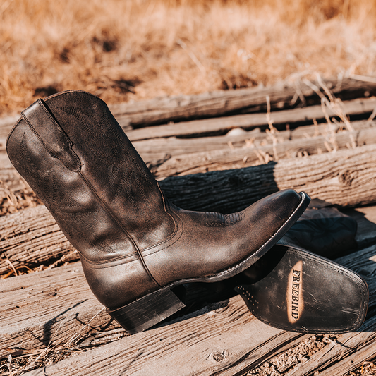 FREEBIRD men's Union black leather boot with leather pull straps, traditional stitching and square toe construction