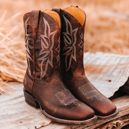 FREEBIRD men's Union brown leather leather boot with leather pull straps, traditional stitching and square toe construction
