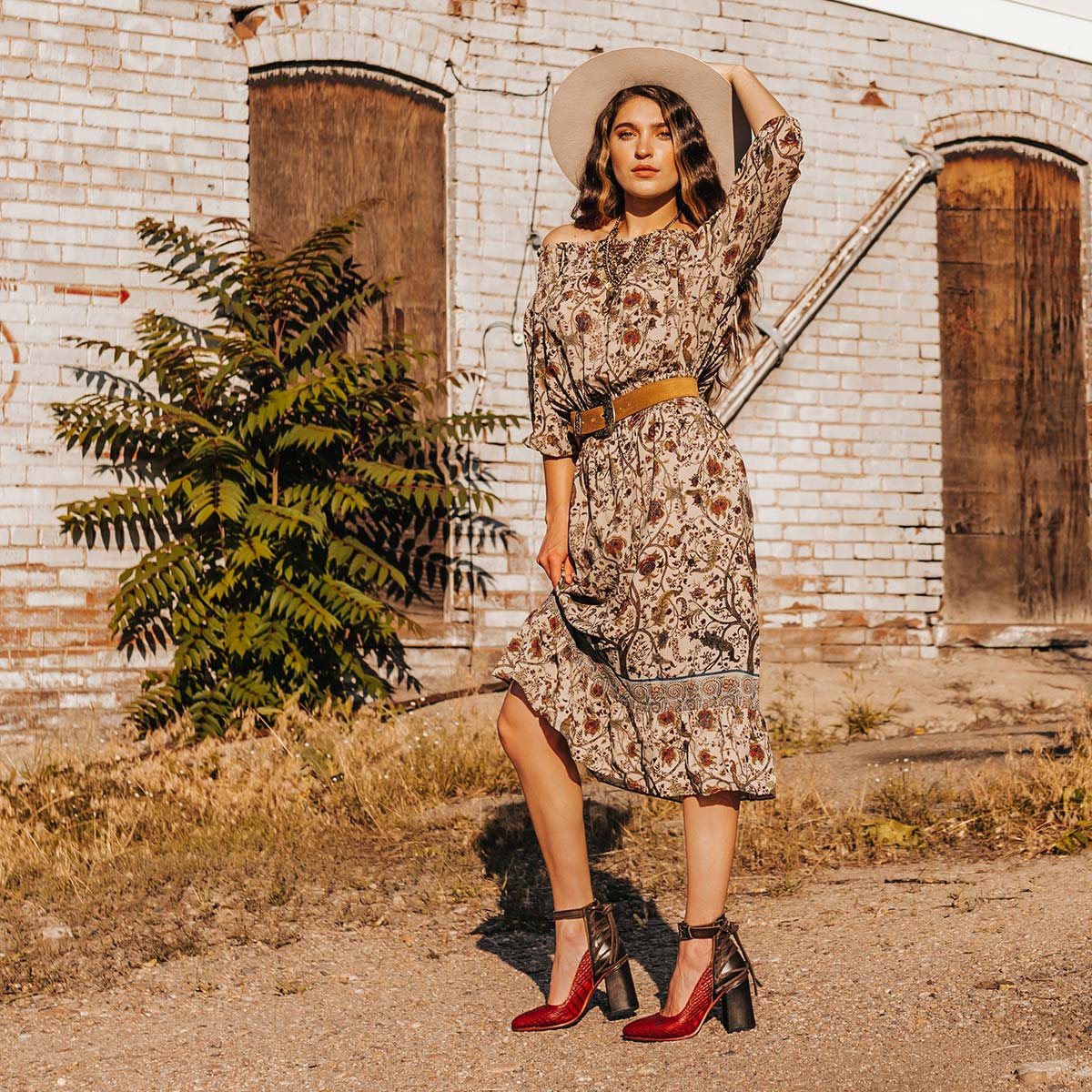 FREEBIRD women's Jillian red croco pointed toe open construction heeled shoe with detailed back lacing and adjustable ankle strap lifestyle image