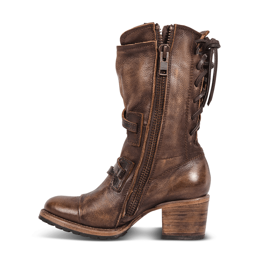 Inside view showing working brass zip closure and wood wrapped heel on FREEBIRD women's Cora brown leather boot