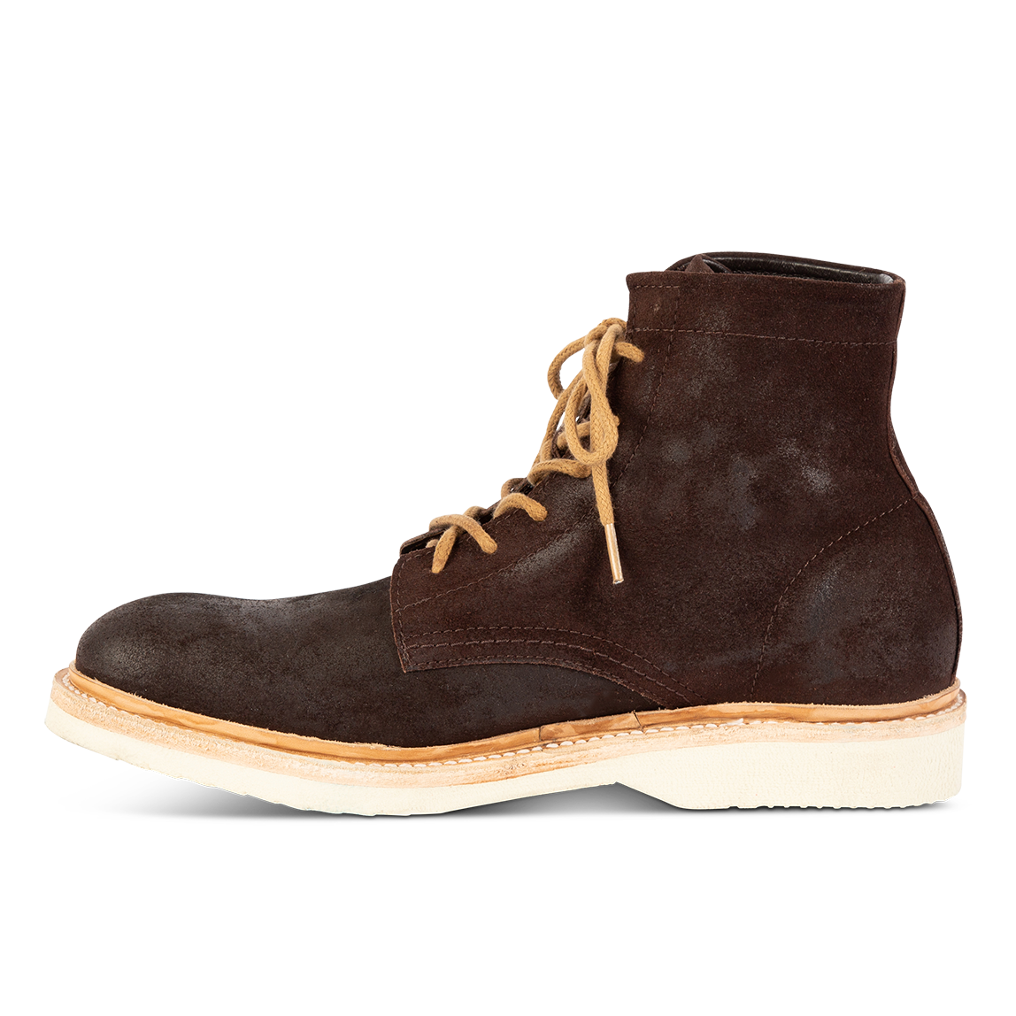 Inside view showing contrasting suede upper and soft sole on FREEBIRD men's Wheeler brown suede shoe