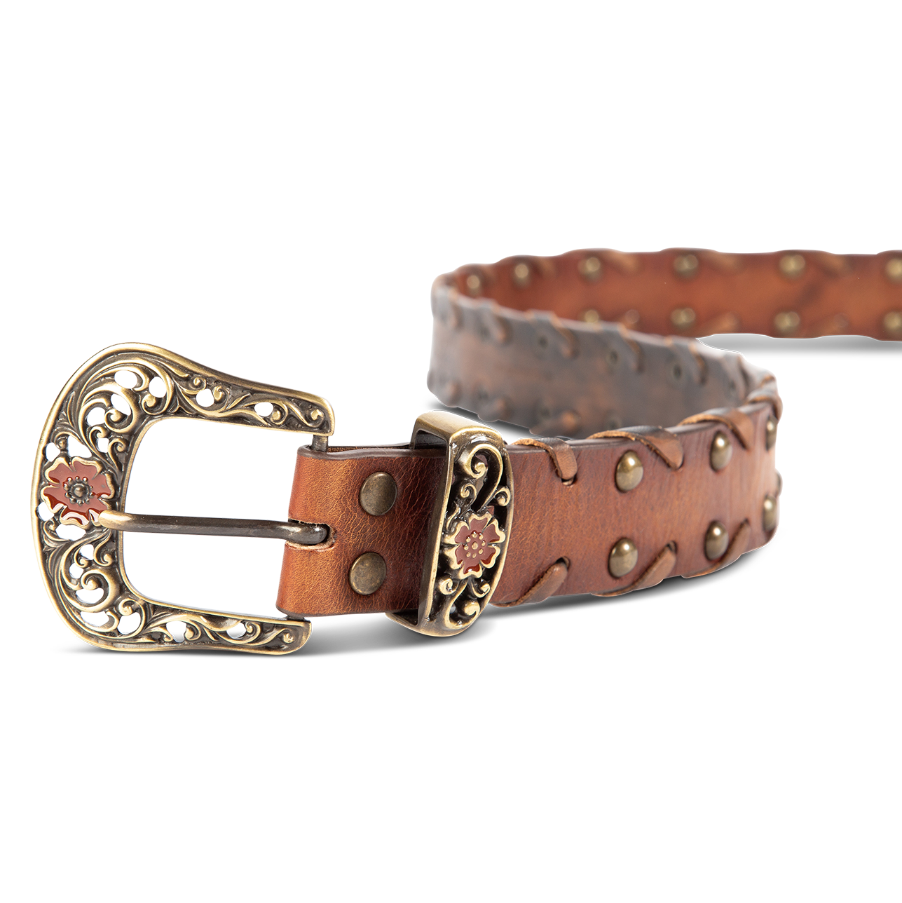  Whip brown front view featuring single buckle closure, embroidered detailing and stud embellishments on FREEBIRD full grain leather belt