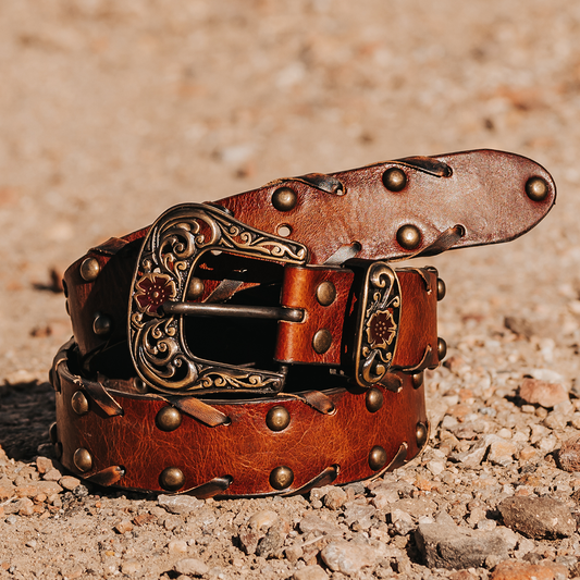 Brown WHIP STITCH BELT handcrafted from 100% leather featuring a braided design and a rustic metal buckle.