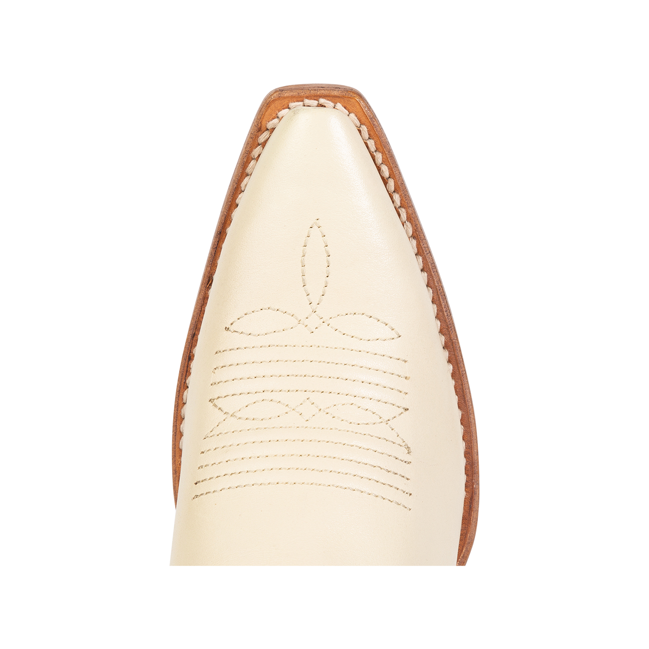 Top view showing snip toe construction with stitch detailing on FREEBIRD women's Woodland beige leather boot