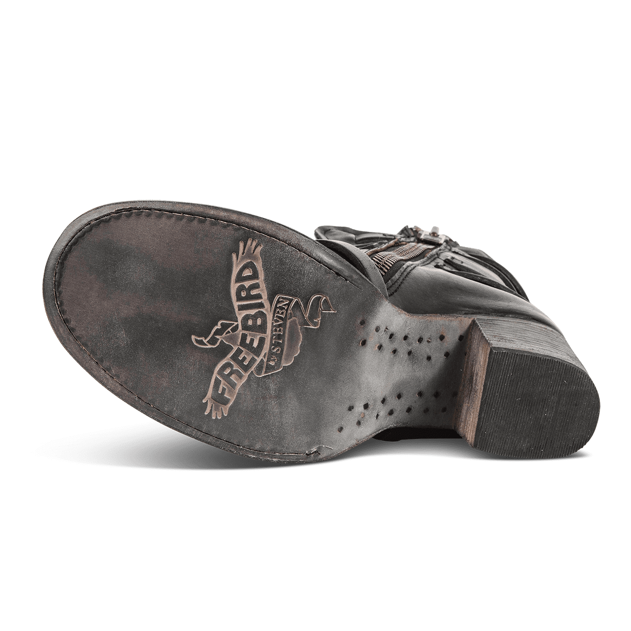Leather sole imprinted with FREEBIRD on women's Baker black boot 