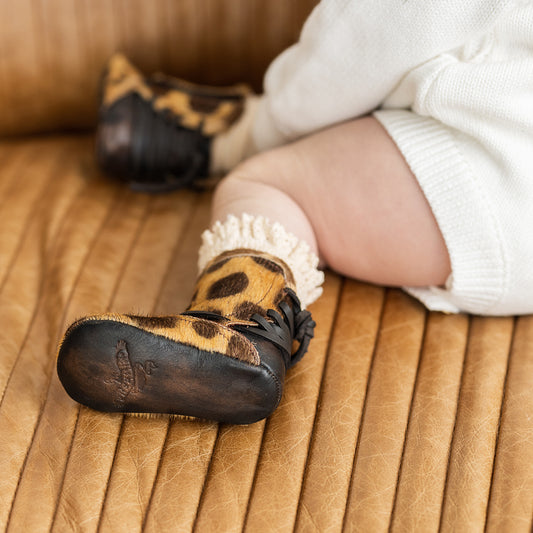 FREEBIRD infant baby coal leopard back lace detailing leather bootie with inside velcro closure lifestyle image