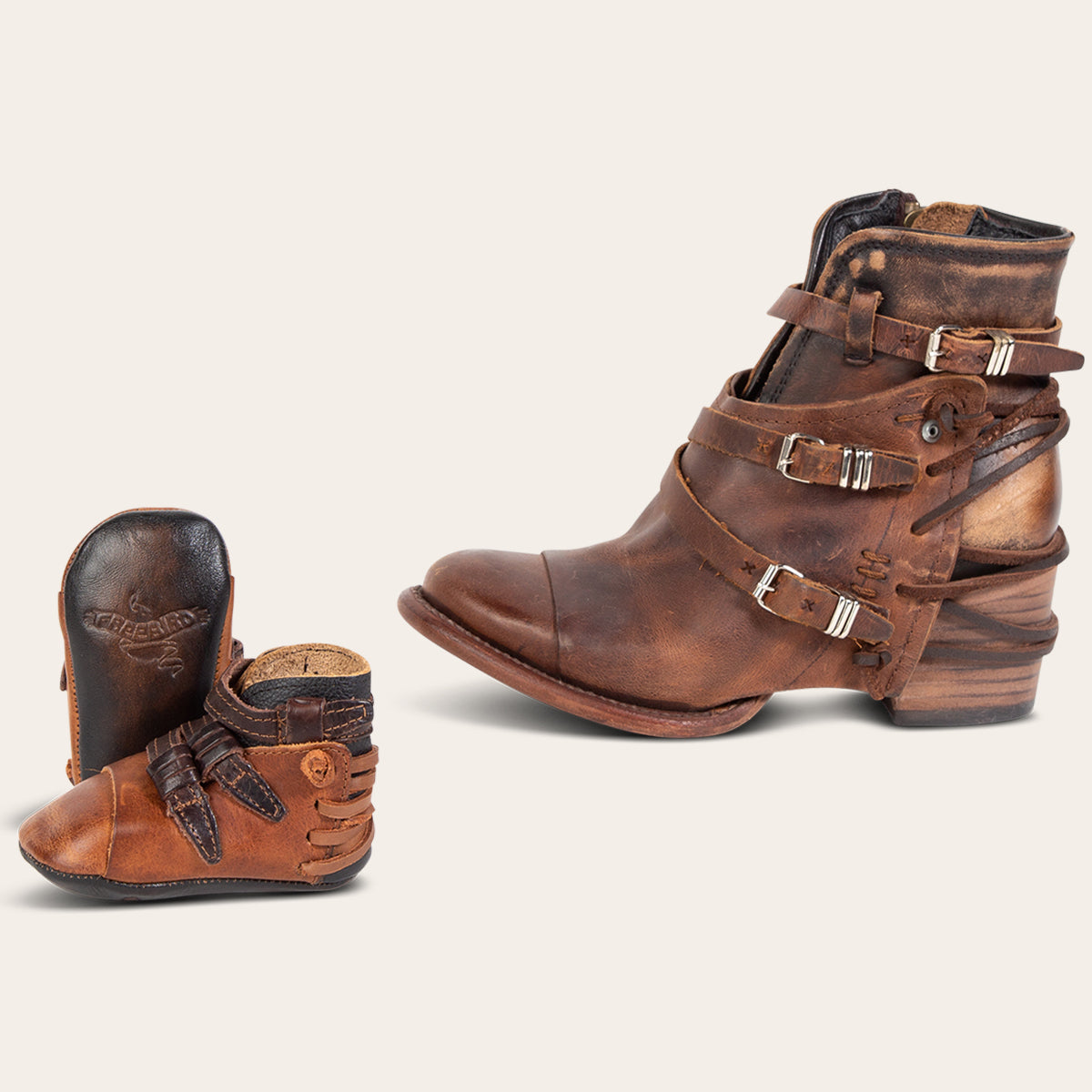 FREEBIRD women's crue cognac and matching infant baby crue leather boot with inside velcro and zip closure