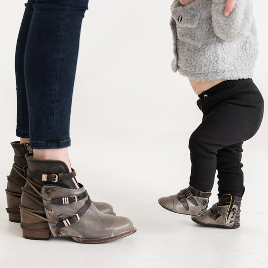 FREEBIRD infant baby crue grey multi back lace detailing and side strap detailing leather bootie with inside velcro closure lifestyle image