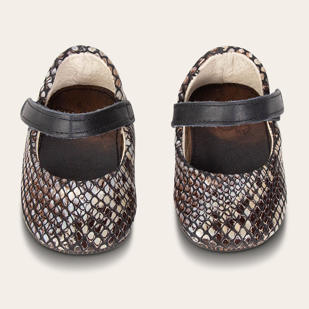 front view showing top leather strap on FREEBIRD infant baby Jane blue snake leather shoe