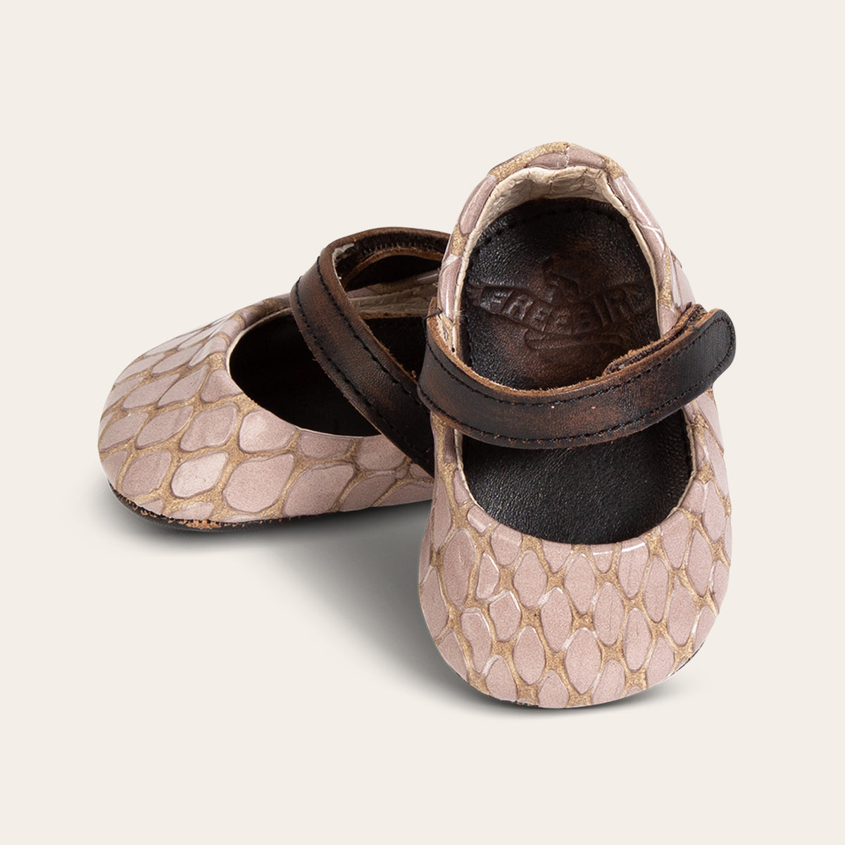 front view showing top leather strap on FREEBIRD infant baby Jane stone croco leather shoe