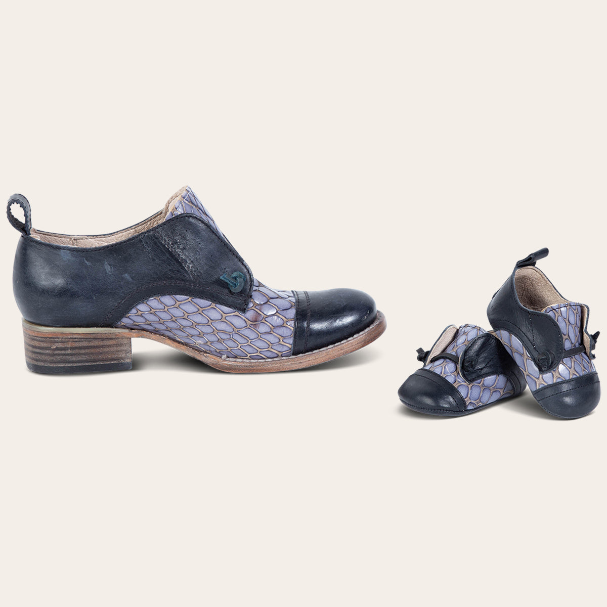 FREEBIRD women's mabel navy multi and matching infant baby mabel leather shoe with decorative knotted leather lace and hidden inside elastic panel