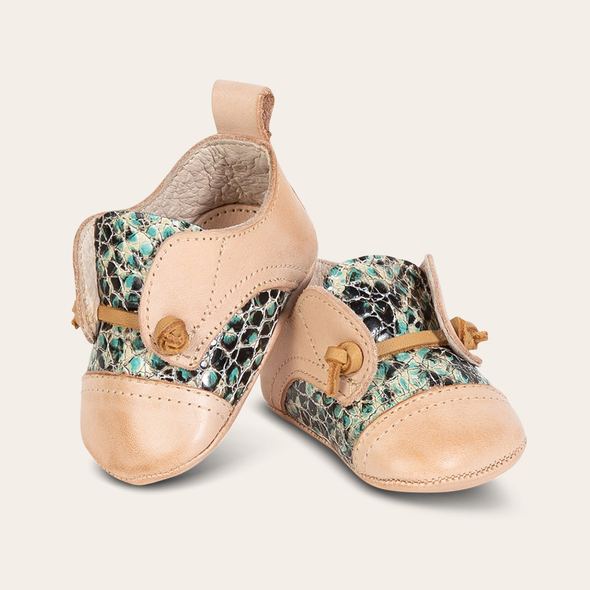 FREEBIRD infant baby Mabel turquoise multi leather shoe with decorative knotted leather lace and hidden inside elastic panel