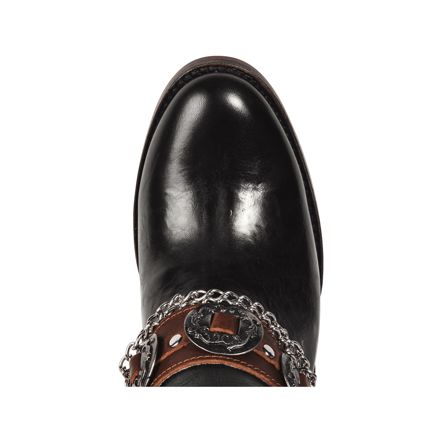 Top view showing almond toe and western embellished ankle strap on FREEBIRD women's Mystic black bootie