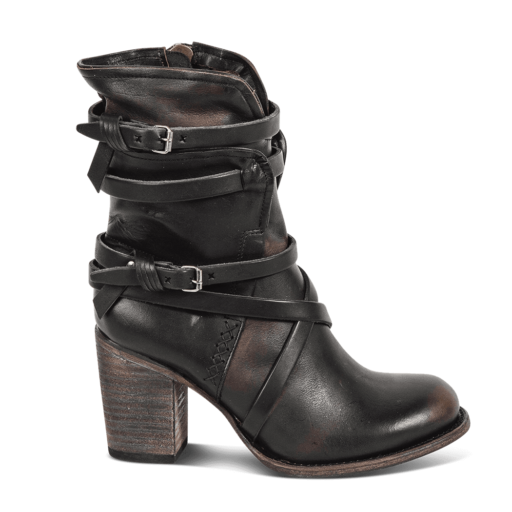 FREEBIRD women's Baker black inside brass zip closure boot with fashion straps and stacked heel