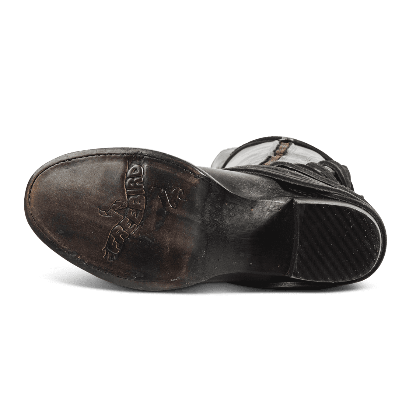 Leather sole imprinted with FREEBIRD on women's Coal black tall boot
