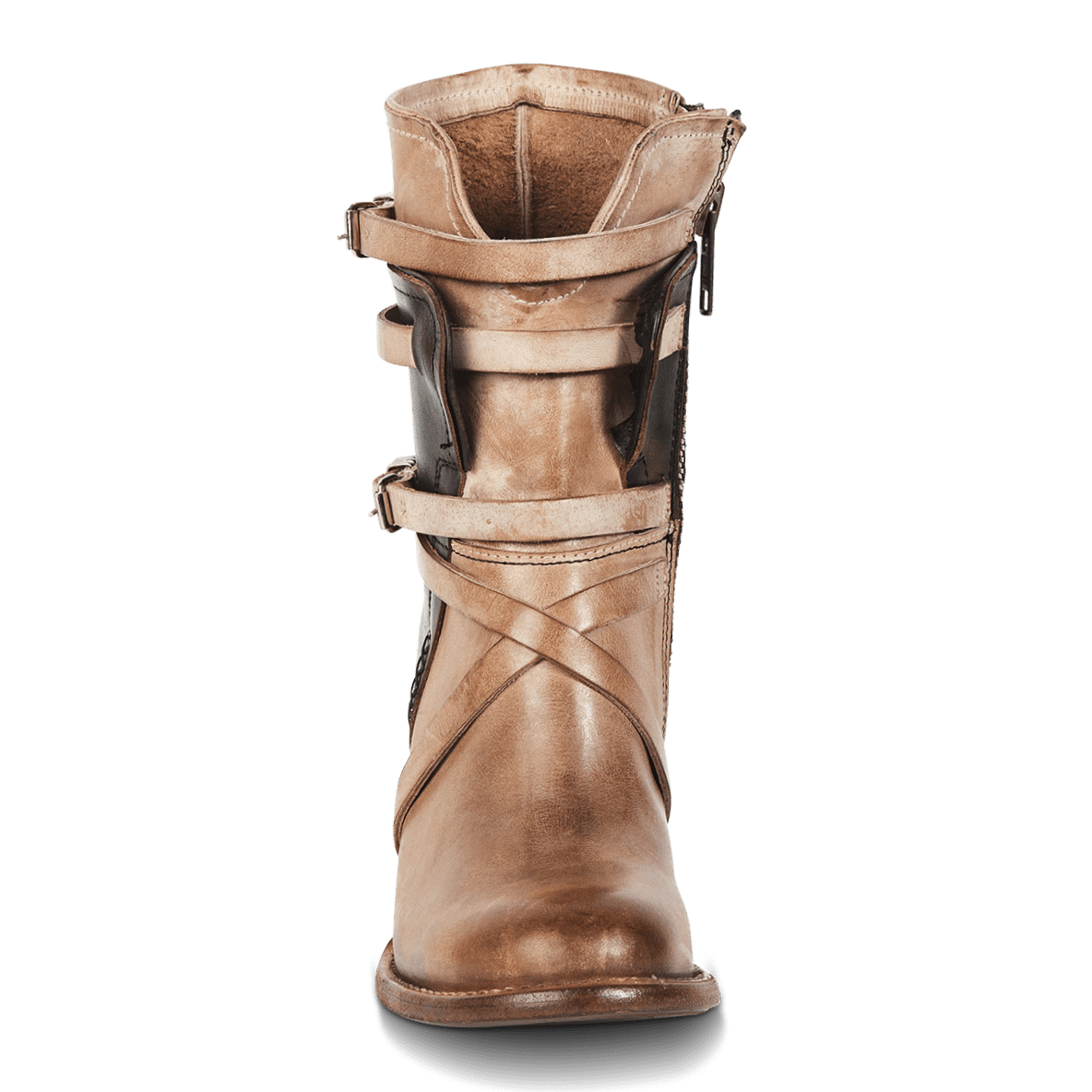 Front view showing front cut-out and leather fashion straps on FREEBIRD women's Baker taupe multi boot