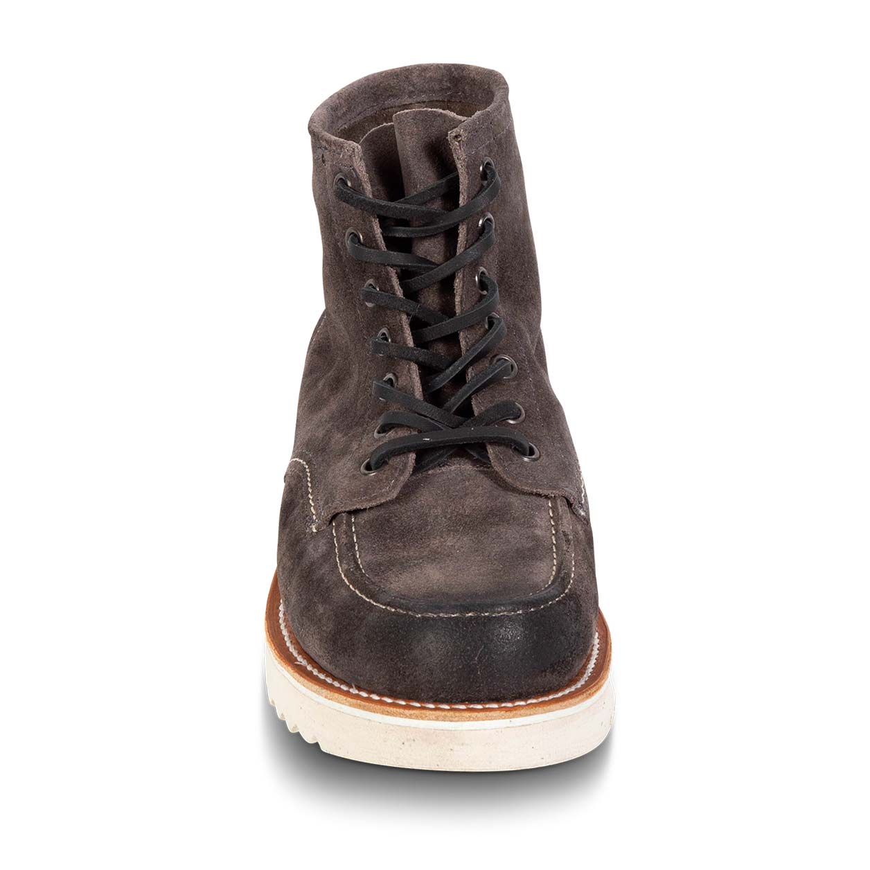Front view showing suede tongue construction and adjustable leather lace closure on FREEBIRD men's Carbon grey suede shoe