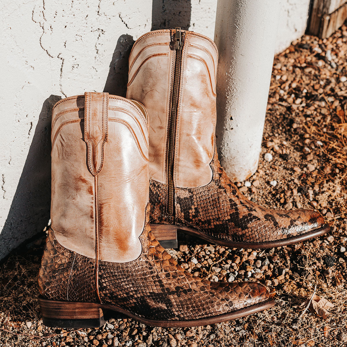 FREEBIRD men's Alamo beige python cowboy boot with leather pull straps, 100% full grain leather, triple pipe shaft stitching and genuine python leather