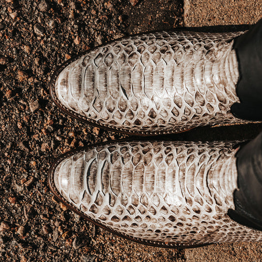 FREEBIRD men's Alamo black/white python cowboy boot with leather pull straps, 100% full grain leather, triple pipe shaft stitching and genuine python leather