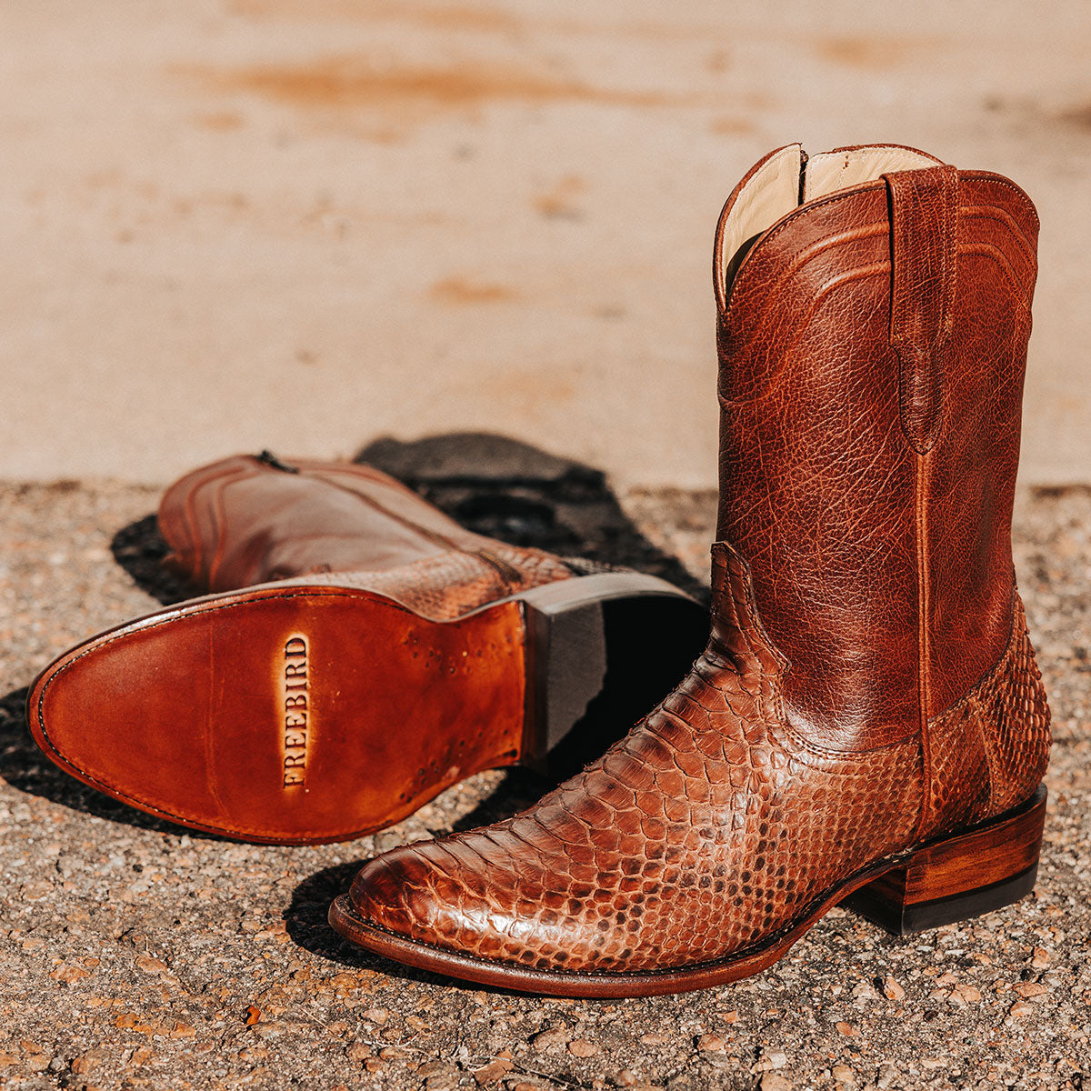 FREEBIRD men's Alamo cedar python cowboy boot with leather pull straps, 100% full grain leather, triple pipe shaft stitching and genuine python leather