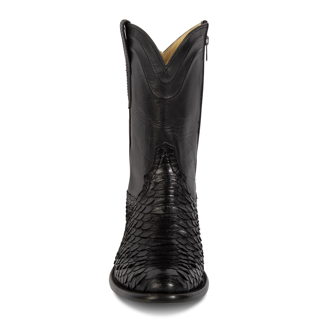 Front view showing FREEBIRD men's Alamo black python cowboy boot with a leather pull strap, 100% full grain leather, triple pipe shaft stitching and genuine python leather