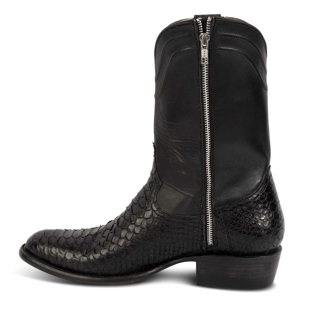 Inside view showing FREEBIRD men's Alamo black python cowboy boot with an inside working brass zipper, 100% full grain leather, triple pipe shaft stitching and genuine python leather