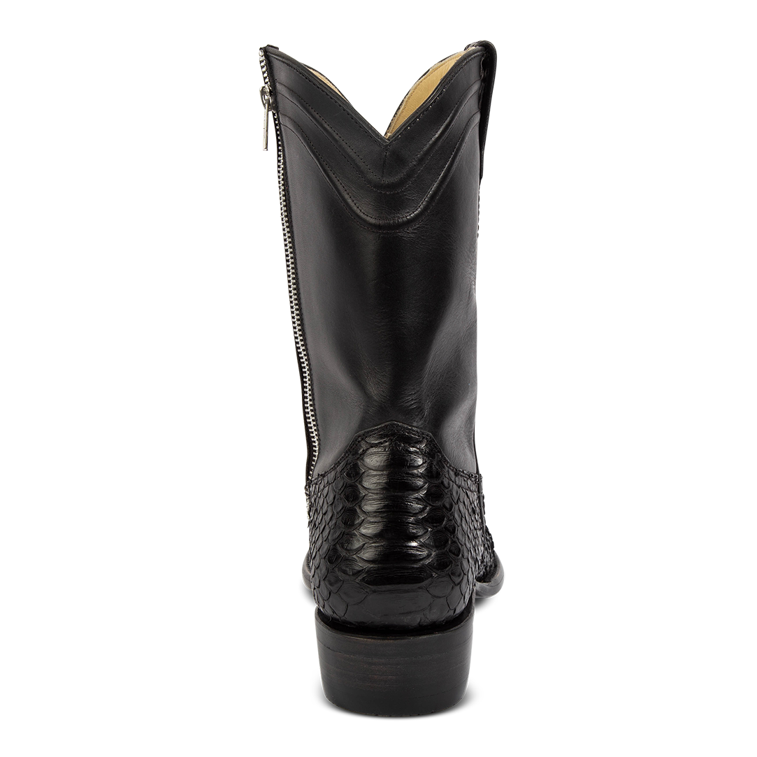 Back view showing FREEBIRD men's Alamo black python cowboy boot with an inside working brass zipper, 100% full grain leather, triple pipe shaft stitching and genuine python leather