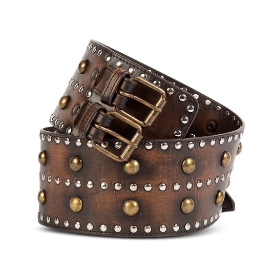FREEBIRD Aline black full grain leather belt featuring rustic stud embellishments and double belt accent