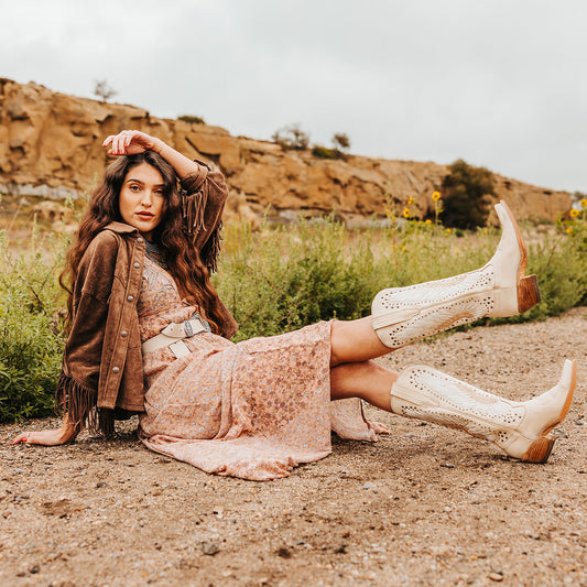 FREEBIRD women's Angel beige leather western boot with stitch wings, stud embellishments and snip toe construction lifestyle