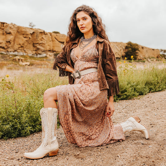 FREEBIRD women's Angel beige leather western boot with stitch wings, stud embellishments and snip toe construction lifestyle