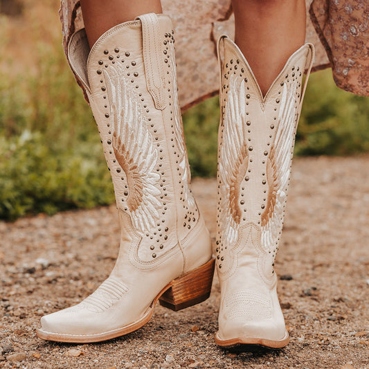 FREEBIRD women's Angel beige leather western boot with stitch wings, stud embellishments and snip toe construction