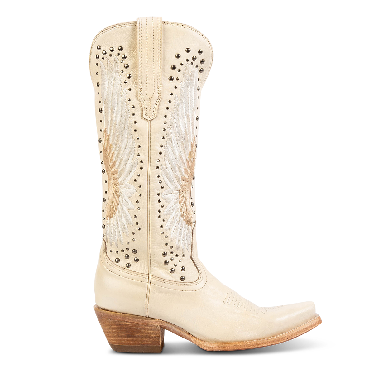 FREEBIRD women's Angel beige leather western boot with stitch wings, stud embellishments and snip toe construction
