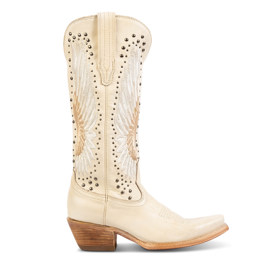 FREEBIRD women's Angel beige leather western boot with stitch wings, stud embellishments and snip toe construction