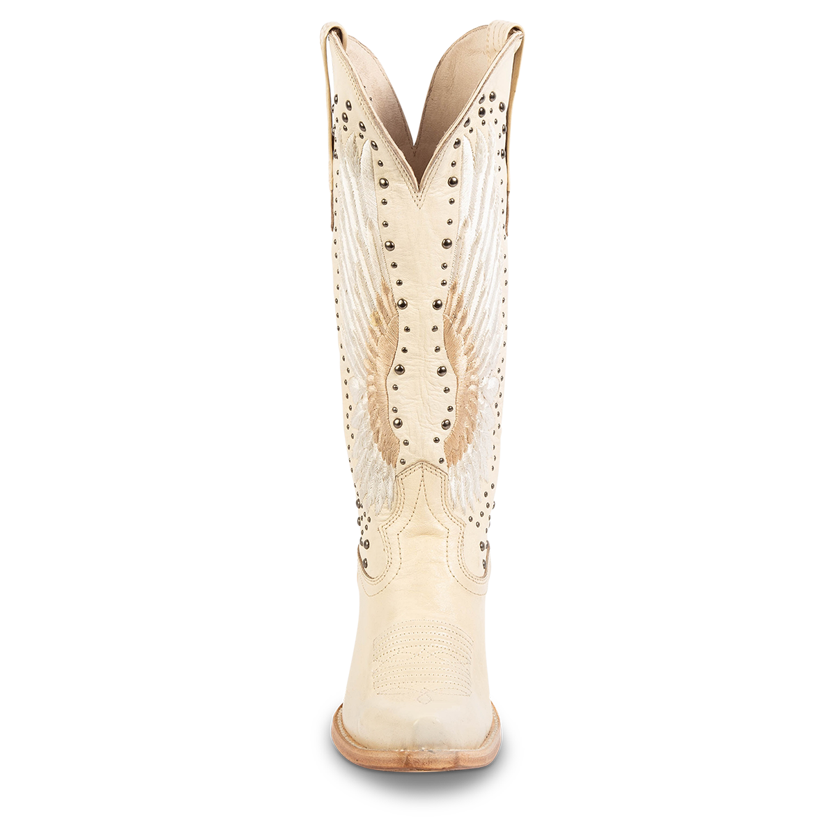 Front view showing FREEBIRD women's Angel beige leather western boot with stitch wings, stud embellishments and leather pull straps