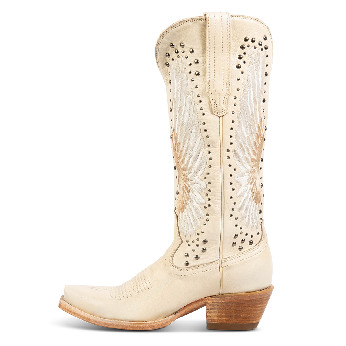 Inside view showing FREEBIRD women's Angel beige leather western boot with stitch wings, stud embellishments and leather pull straps