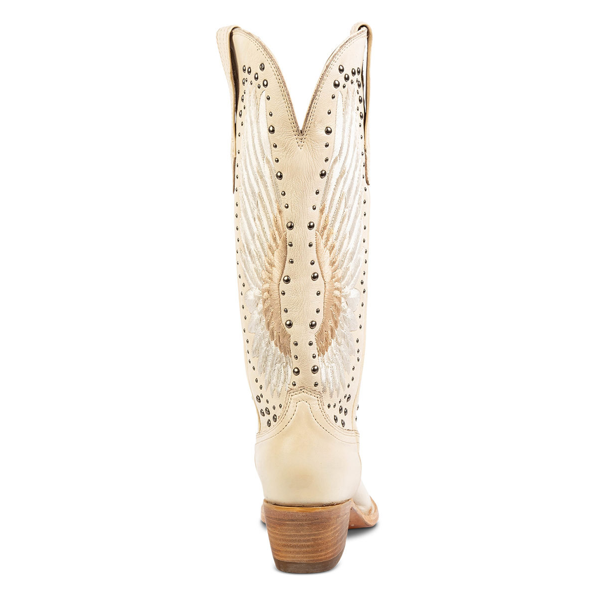 Back view showing FREEBIRD women's Angel beige leather western boot with a slant heel, stitch wings and stud embellishments