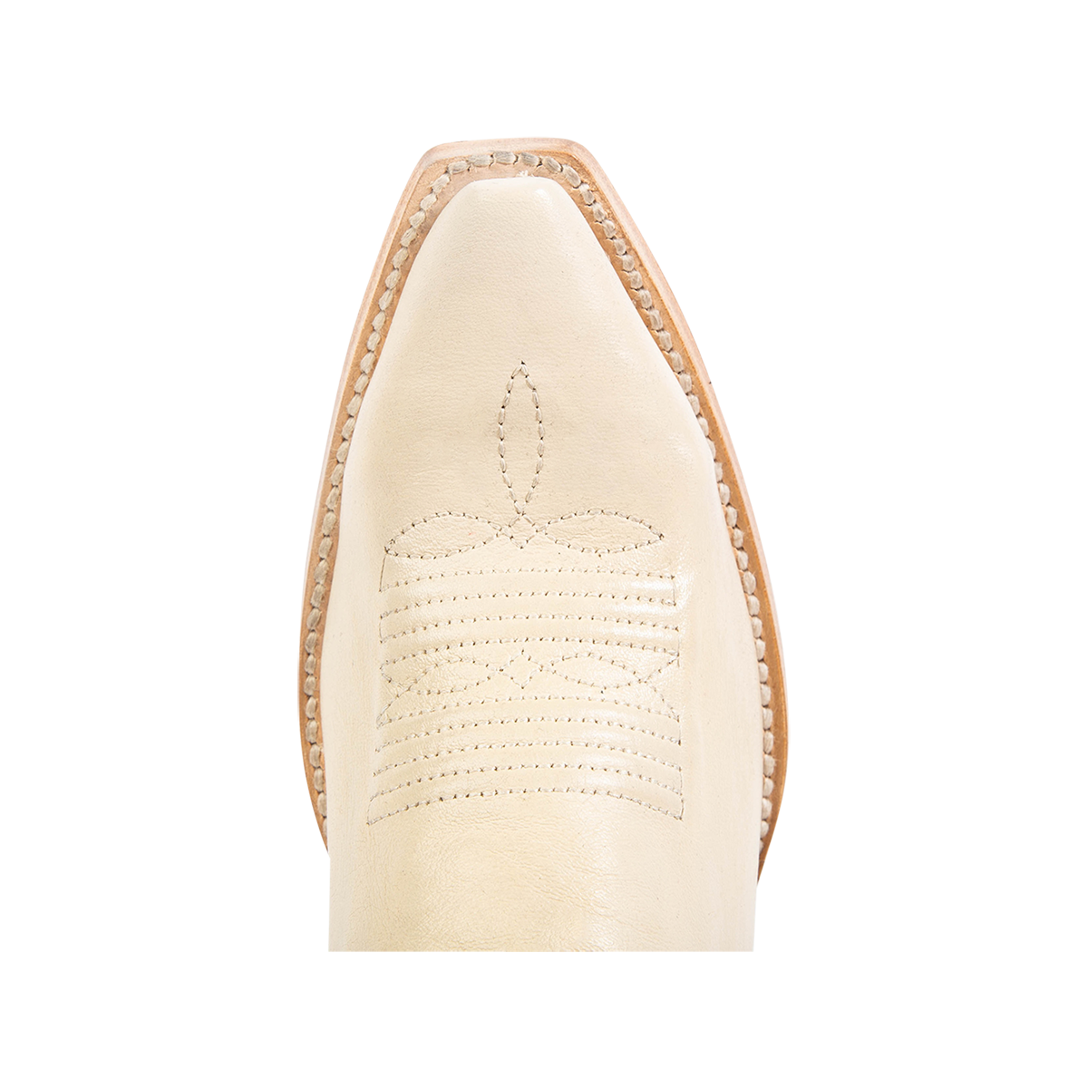Top view showing snip toe construction on FREEBIRD women's Angel beige leather western boot