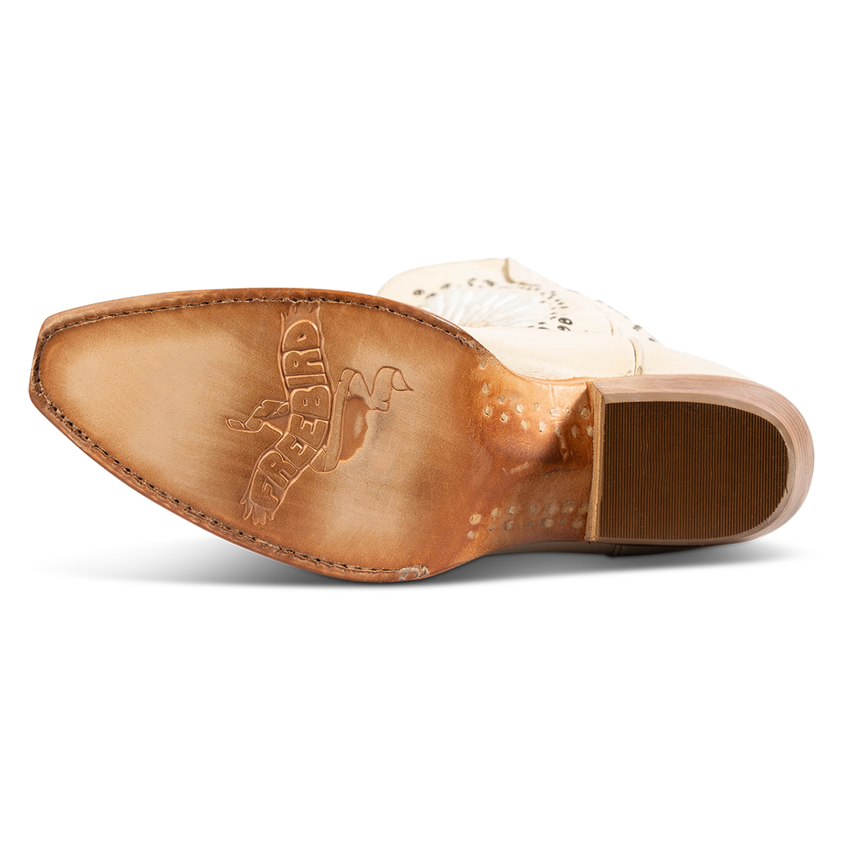 Leather sole imprinted with FREEBIRD on women's Angel beige leather western boot