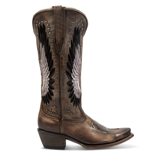 FREEBIRD women's Angel black leather western boot with stitch wings, stud embellishments and snip toe construction