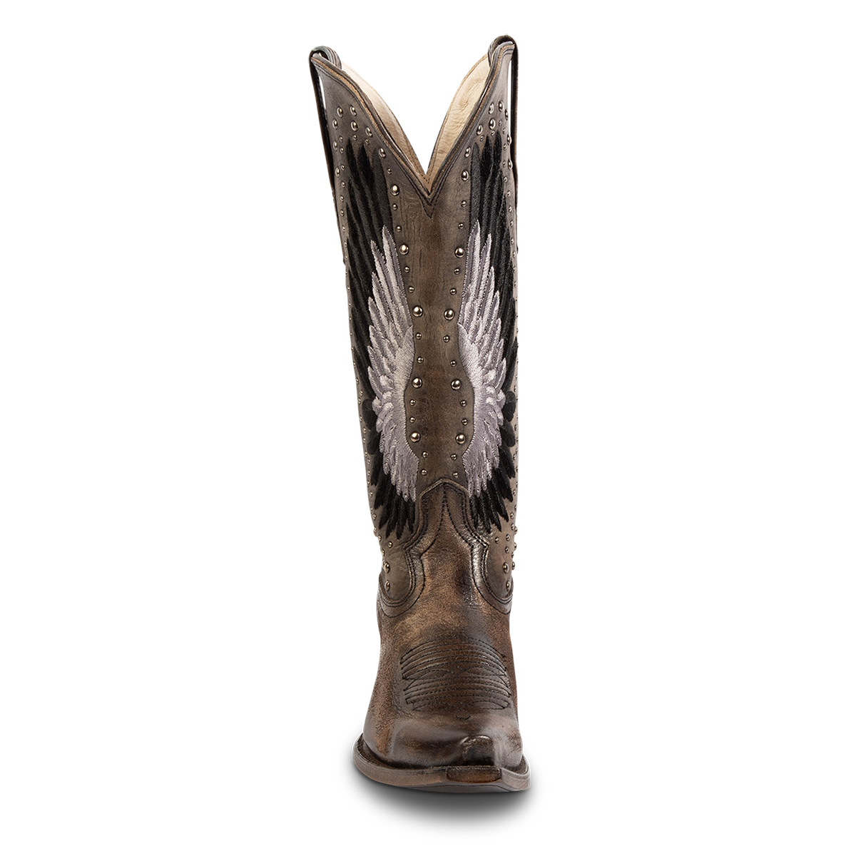 Front view showing FREEBIRD women's Angel black leather western boot with stitch wings, stud embellishments and leather pull straps