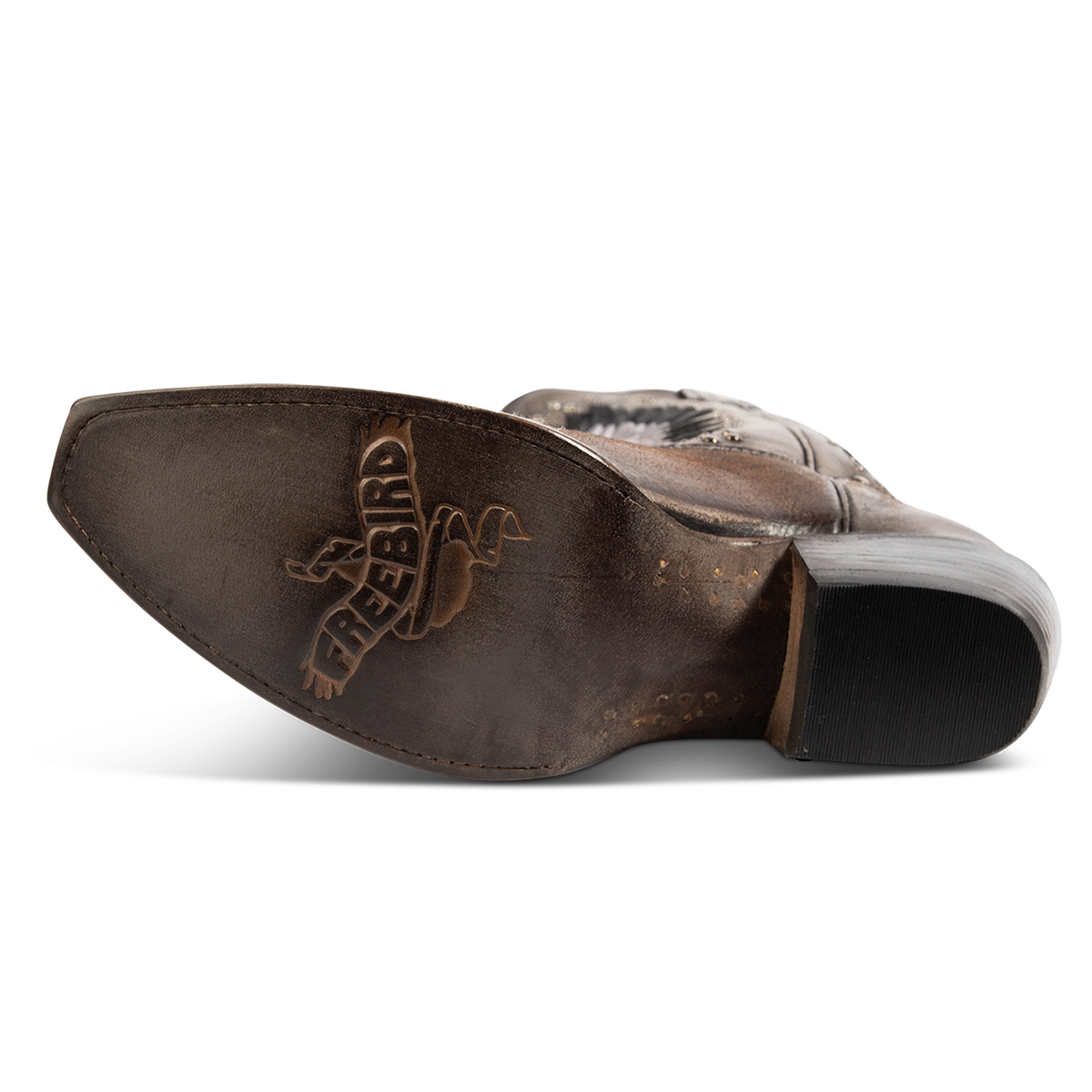 Leather sole imprinted with FREEBIRD on women's Angel black leather western boot