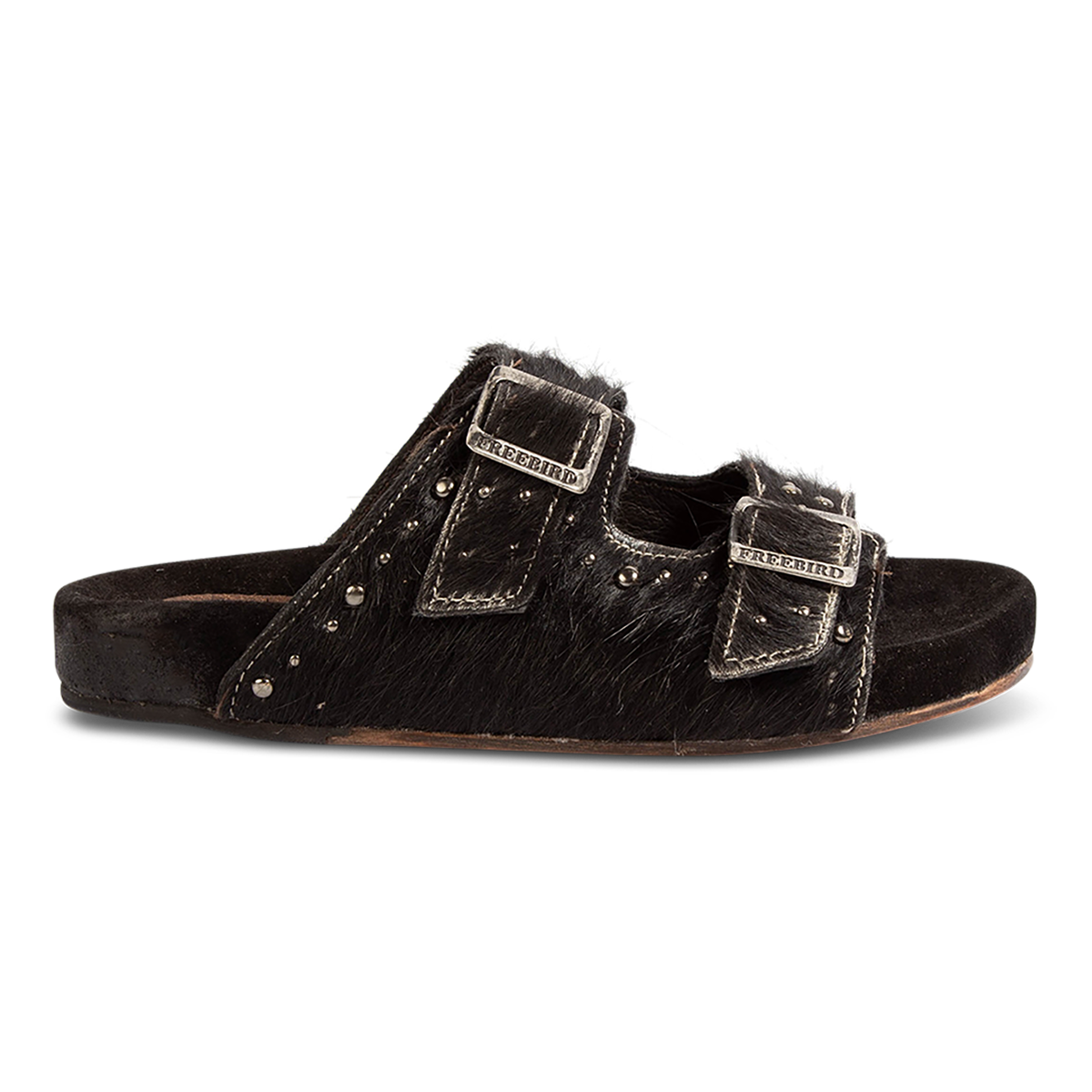 FREEBIRD women's Asher black pony sandal with adjustable belt buckles, a suede footbed and silver embellishments