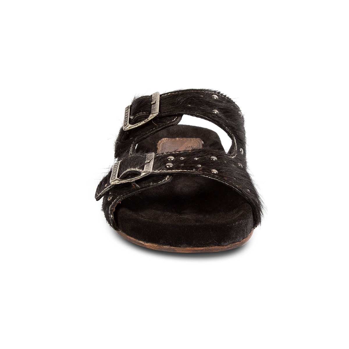 Front view showing FREEBIRD women's Asher black pony sandal with adjustable belt buckles, a suede footbed and silver embellishments