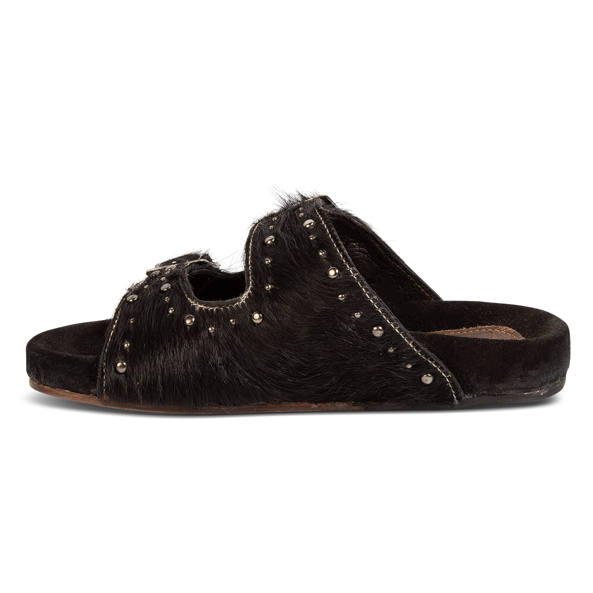 Inside view showing FREEBIRD women's Asher black pony sandal with adjustable belt buckles, a suede footbed and silver embellishments