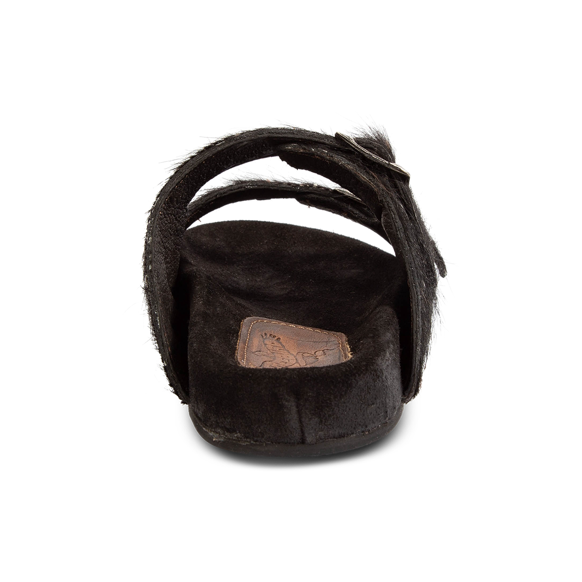 Back view showing a suede footbed on FREEBIRD women's Asher black multi pony sandal 