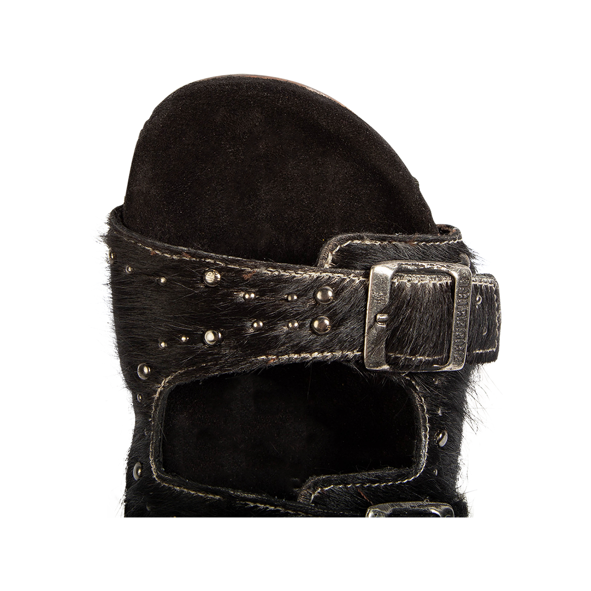 Top view showing a rounded toe construction and adjustable, embellished straps on FREEBIRD women's Asher black multi pony sandal 