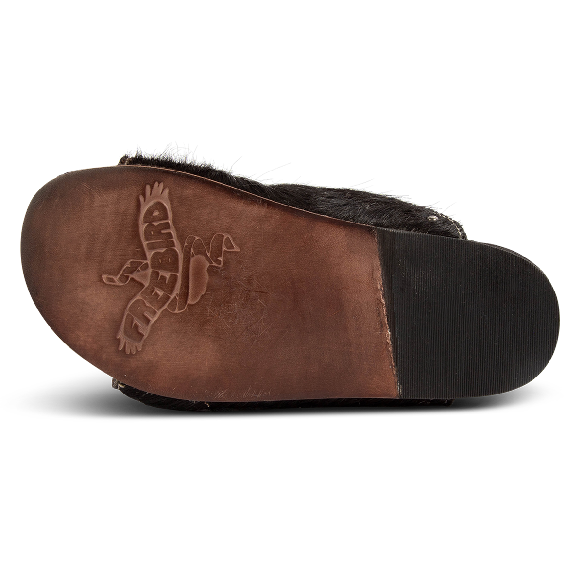 Leather sole imprinted with FREEBIRD on Asher black multi pony women's sandal